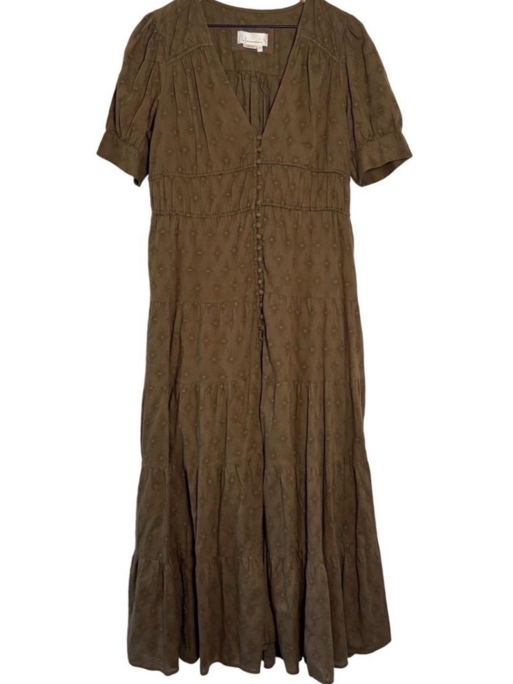 Anthropologie Olive Green Tiered Button-Front Maxi Dress